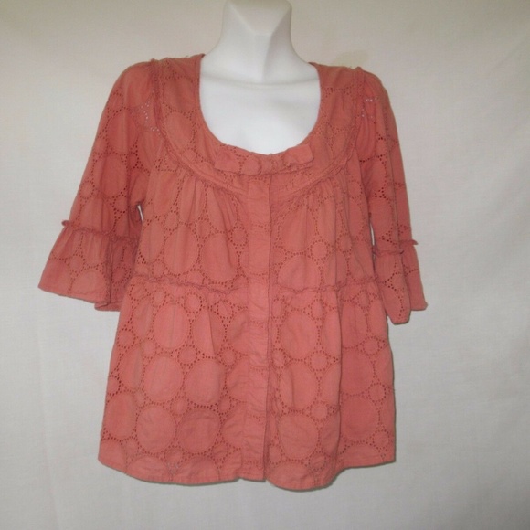 BLOUSE SHIRT TOP SIZE L 12 14 LARGE  3/4 long SLEEVES PINK RED SALMON - Picture 1 of 7